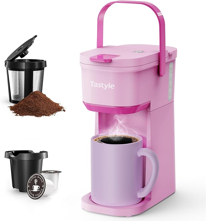 Single Serve One Cup Coffee Maker, for K Cups and Grounds, Mini Coffee Maker with Portable Handle, 6 to 12 Oz Brew Size, for Travel, Camping, Office, RV and Dorm, 120V, Dusty Rosa