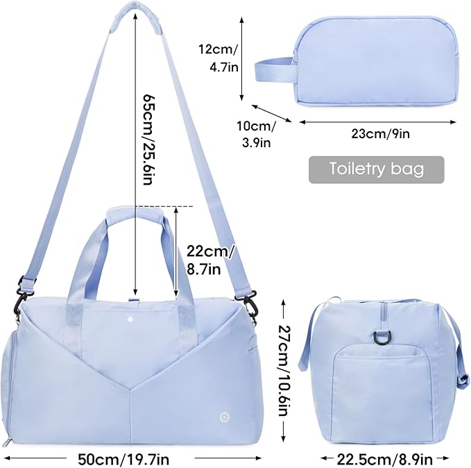 Ceneda 20" Gym Duffel Bag with Wet Pocket Shoes Compartment Portable Overnight Weekender Bag Travel bag Yoga Bag for Women (Light Blue)
