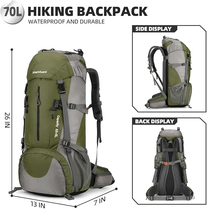 King'sGuard 70L Hiking Backpack Large Lightweight Waterproof Camping Backpack Travel Backpacking Backpack Daypack with Rain Cover -Frameless (Army Green)