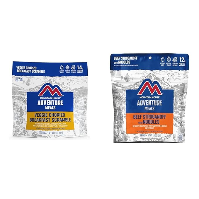 Mountain House Veggie Chorizo Breakfast Scramble 2-Servings & Beef Stroganoff with Noodles 2 Servings Freeze-Dried Backpacking & Camping Food Bundle