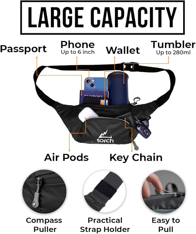 TORCH Mens Fanny Pack - Hip Pack For Men Women with Compass Survival, Small Crossbody Fanny Packs for Walking, Biking, Outdoor, Workout - Vallejo (Black)