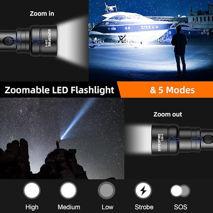 SuperFire Rechargeable Flashlight High Lumen,Zoomable Small Flashlight 3600 Lumen Led Flash Light,IP46 Water Resistance,5 Modes,for Emergency Outdoor Use,Camping,Hiking,Walking