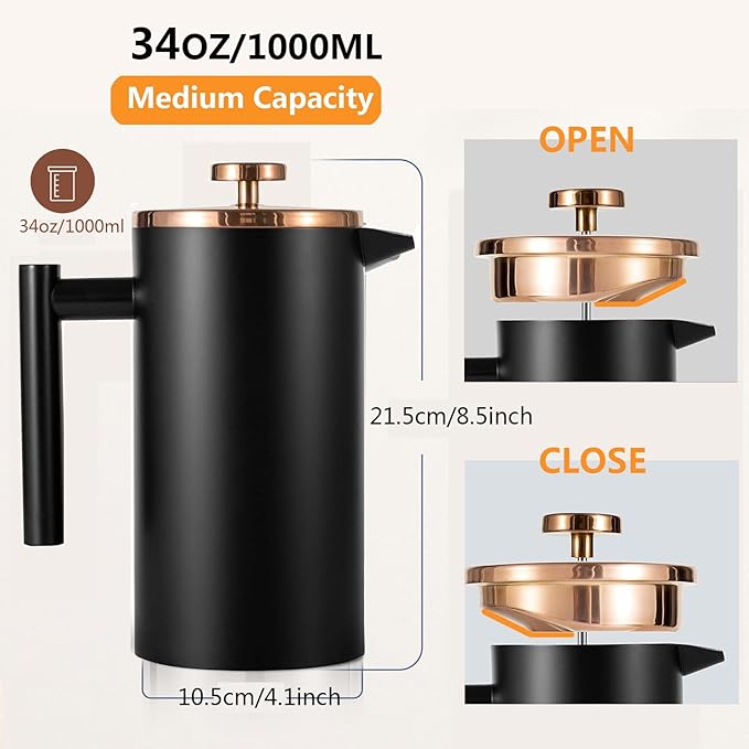 Black French Press Stainless Steel 34oz, Double Wall Insulated Coffee Press 1L for travel camping with 2 Extra Filter Screens and 1 Coffee Spoon(8cup 1000ml)