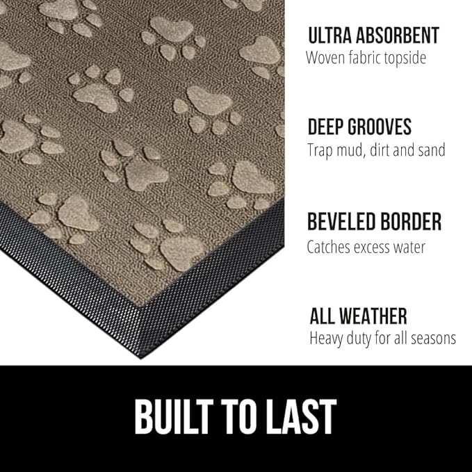 GORILLA GRIP 100% Waterproof All-Season WeatherMax Doormat, 47x35, Durable Natural Rubber, Stain and Fade Resistant, Low Profile, Indoor Outdoor Door Mats, Easy Clean Patio Entry Mat, Tan Pawprints