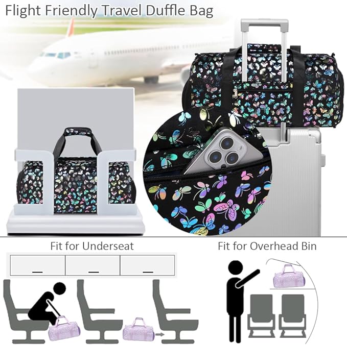 Duffle Bag for Girls Soft Fuzzy Butterfly Dance Bag for Girls Sports Gym Bag Ballet Bag Travel Duffle Bags with Shoes Compartment and Wet Pocket