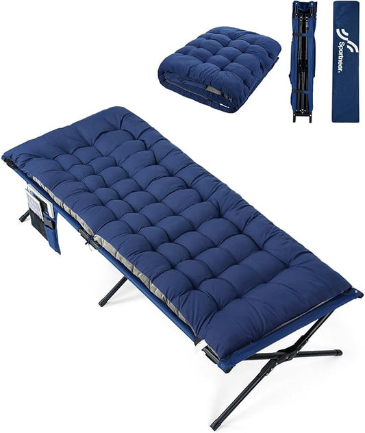 Sportneer Camping Cots for Adults: Easy-to-Assemble Camping Bed with Cmfortable Mattress & Side Bags Support 330lbs - Cot Bed for Camping, Lounging, & Elevated Sleeping, Size 78.3"x28.7"x14.6"