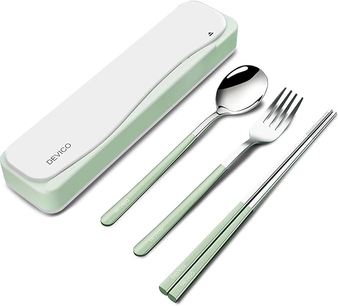 DEVICO Travel Utensils With Case, 18/8 Stainless Steel Camping Utensils, Reusable Portable Silverware Cutlery Set For Lunch Box, Include Fork Spoon Chopsticks