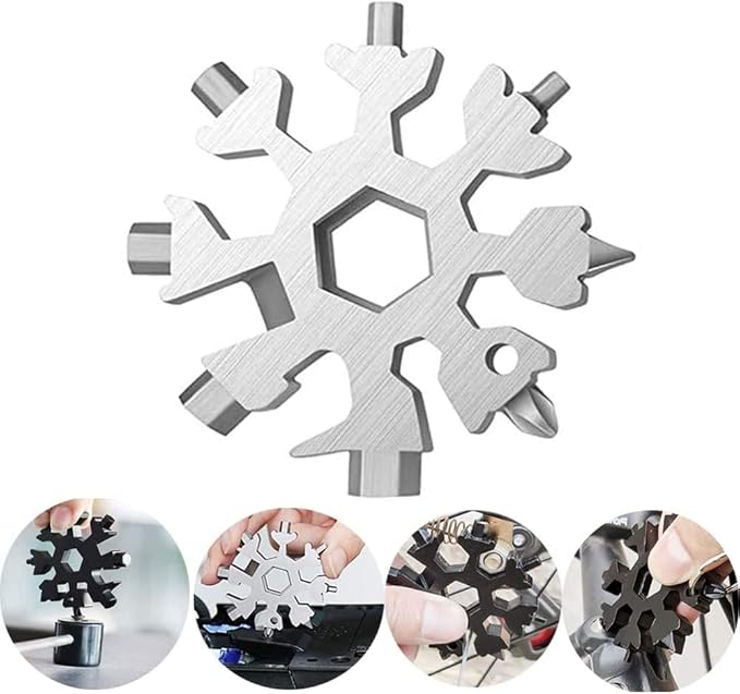 18-in-1 Snowflake Multi Tool, Stainless Steel Snowflake Bottle Opener/Flat Phillips Screwdriver Kit/Wrench, Durable and Portable to Take, Great Christmas gift(Standard, Stainless Steel). (Silver)