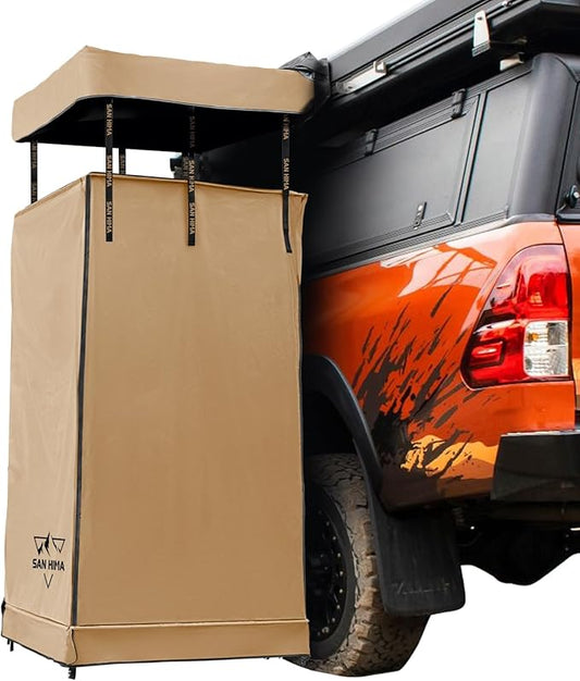 SanHima Awning Shower Tent with Roof - Car Side Shower Room w/LED Light, Camping Waterproof Portable Privacy Shelter Bathroom Overland, Khaki