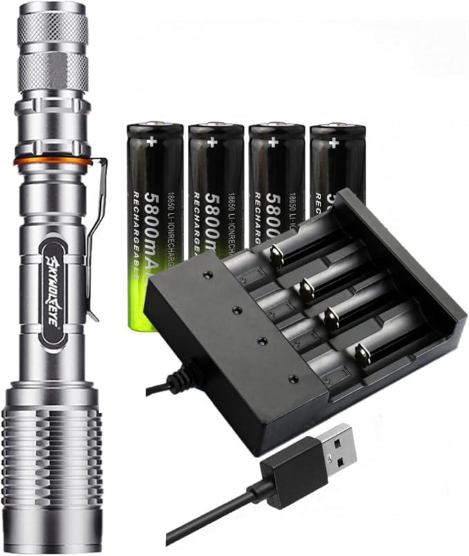 Led Flashlight, Universal 18650 Battery Charger Set Super Bright Waterproof Handheld Flashlight for Outdoor, Emergency, Camping (4-Pcs 18650 Rechargeable Battery)