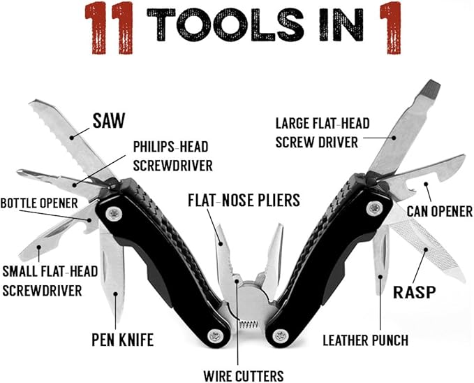 11-in-1 Multitool - 3" Stainless Steel Folding Utility Pocket Tool with Carrying Pouch by Knack (Black)