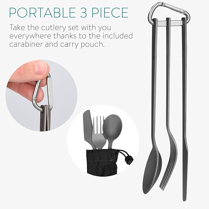 Navaris Titanium Camping Cutlery Set - Lightweight Camping Utensils for One - Knife, Fork and Spoon with Carabiner Clip and Case for Hiking and Travel