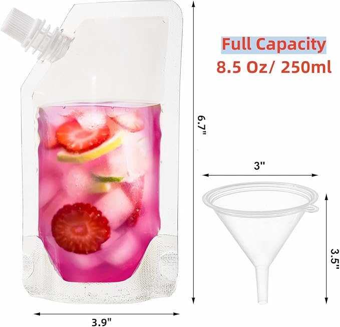 200 Pack Reusable Drink Pouches with 20 Pcs Funnel, 8 Oz Plastic Flasks, Leak-Proof Plastic Pouches for Drinks for Adults for Travel, Concerts