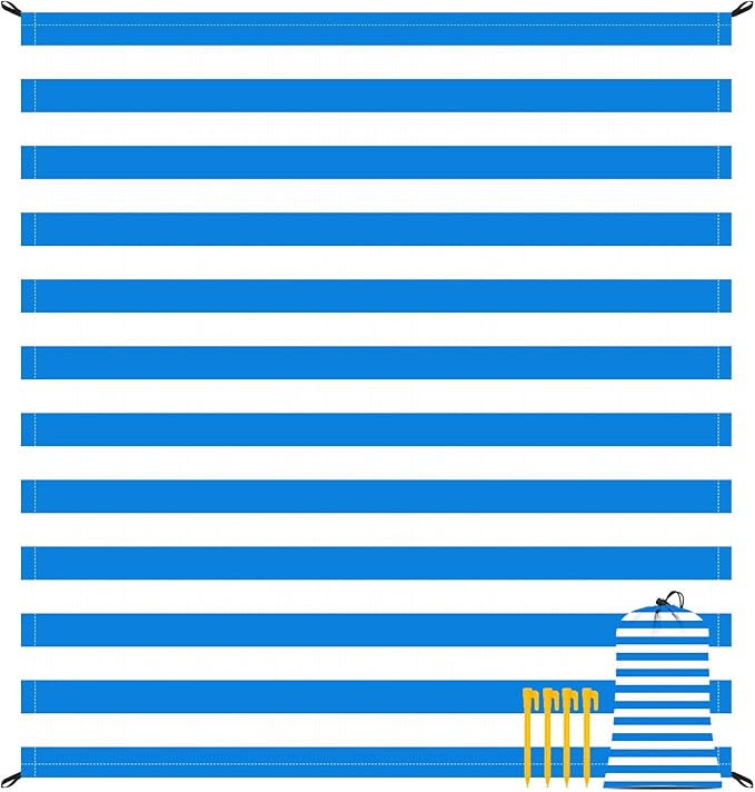 Blue Stripe Beach Blanket Sandproof Waterproof, Extra Large 78"×86" Beach Mat for 1-4 Adults w/Stake & Pocket,Compact Lightweight Sand Free Picnic Mat Beach Essential-Ultra Marine