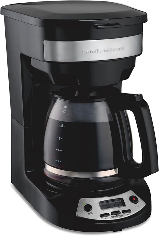 Hamilton Beach 12 Cup Programmable Drip Coffee Maker, Brew Options, Glass Carafe (46299), Black with Stainless Accents