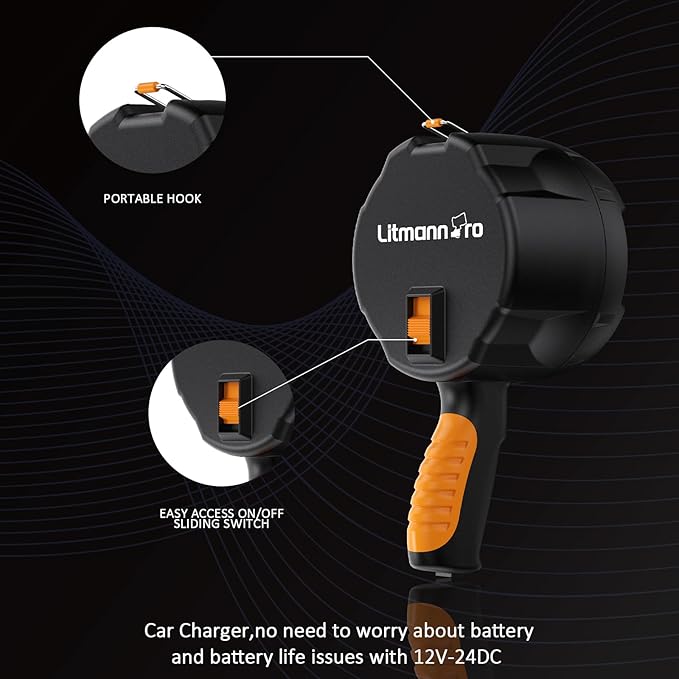 2000 Lumens Handheld Spotlights LED Flashlight Searchlights with 12V-24V DC Car Charger Outdoor Floodlight for Camping Fishing Boating Hunting Hiking