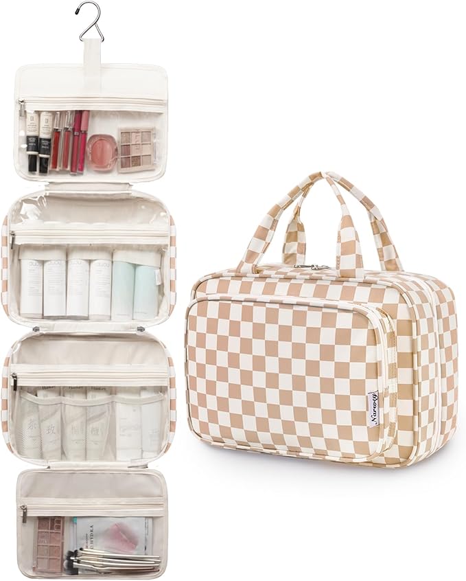 Travel Toiletry Bag for Women Large Hanging Makeup Bag Organizer Toiletries Bag for Full Size Essentials Accessories Cosmetics (Light Checkerboard (Large))