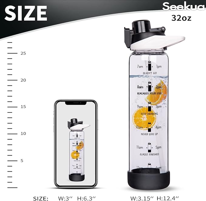 32 oz Sports Glass Water Bottle with Straw and Time Marker, Large Resuable Motivational Glass Drinking Bottle for Infused Water, Fruit, Smoothie, Coffee