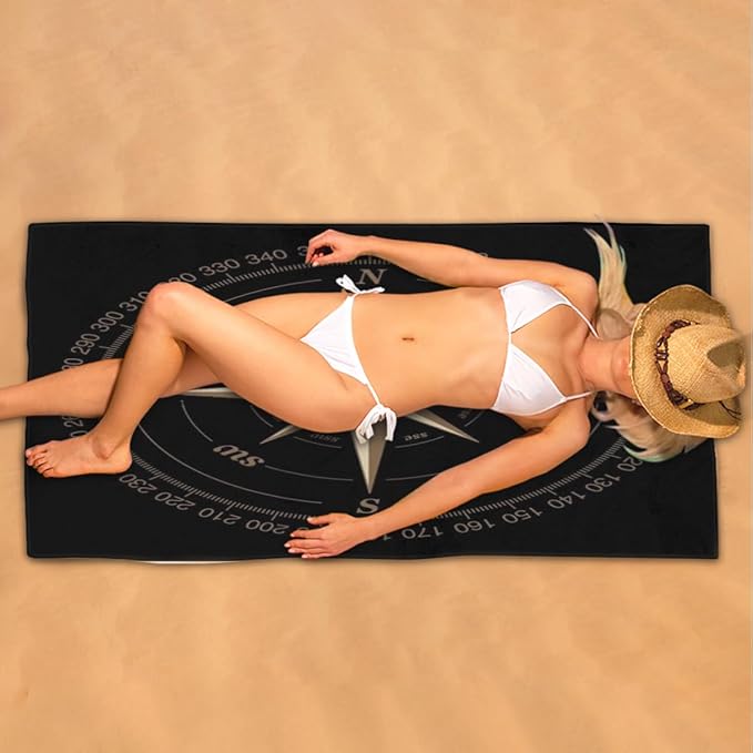 Compass Rose Beach Towel Oversized Quick Dry Beach Blanket Microfiber Sand Free Absorbent Lightweight Artwork Black Bath Towel for Pool Travel Swimming Camping Women Men