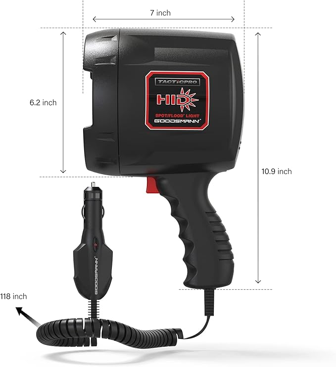 GOODSMANN HID Handheld Adjustable Spotlight/Floodlight 2000 Lumen 12V Plug in Spotlights for Boat Marine Corded Spot Light 929 Yards Car Charger Searchlight for Hunting/Camping/Hiking/Garage/Fishing