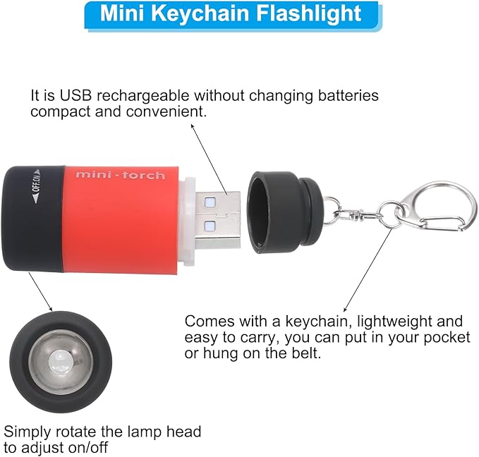 PATIKIL Mini Keychain Flashlight, Pocket LED Flashlight Portable Torch USB Rechargeable for Outdoor Camping Party, Red