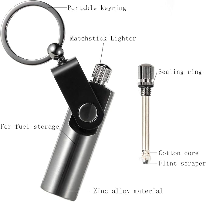 SOMGEM Permanent Match Keychain 2 Pack, Kerosene Refillable, Waterproof Flint Fire Starter for Outdoor Camping Emergency Survival Gear