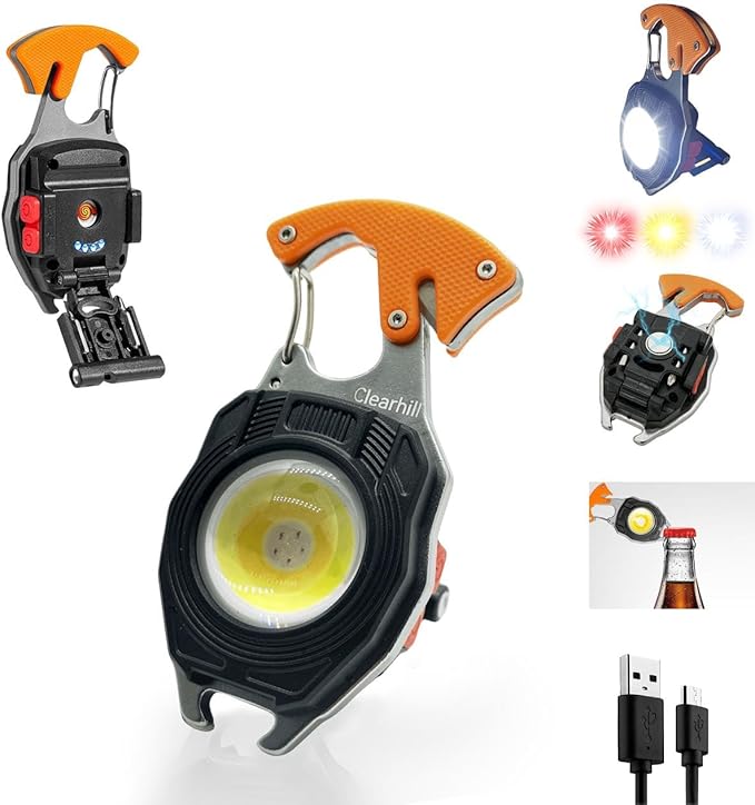 Multifunctional COB Mini Keychain Flashlights,7 Light Modes,LED Rechargeable Small Torch with Screwdriver,Bottle Opener,Lighter etc. for Outdoor Camping Hiking(Orange)