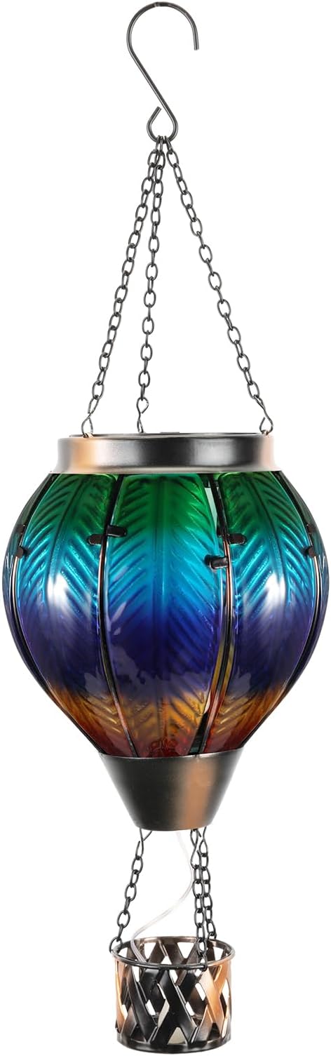 Solar Hot Air Balloon with Candle Holder - Waterproof Solar Lantern with Flickering Flame Metal & Glass Waterproof Lanterns for Garden Patio Pathway Yard Porch Decor Multi-Color