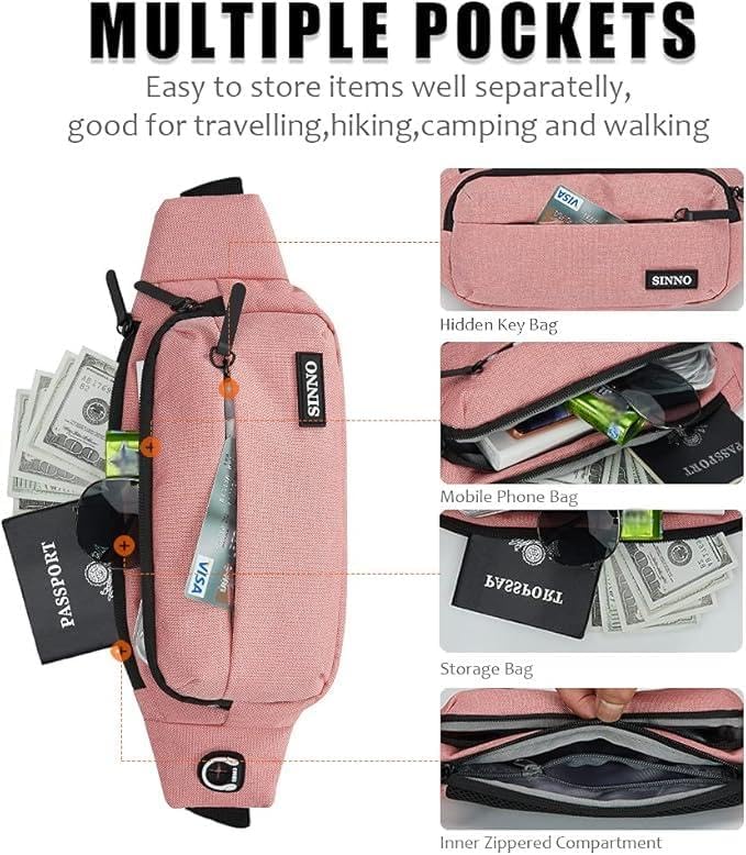 SINNO Large Crossbody Fanny Pack for Women Men Belt Bag With 4-Zipper Pockets for Travel Running Hiking Workout Dog Walking Outdoors Sport Fishing Waist Pack Bag Carrying All Phones
