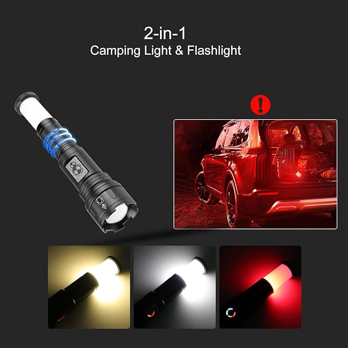 Multifunctional Rechargeable Flashlights High Lumens, 2-in-1 Super Bright Flashlight & Camping Lights, Waterproof Tactical Flashlights with Zoomable, 4+6 Modes for Camping, Hiking, Emergencies