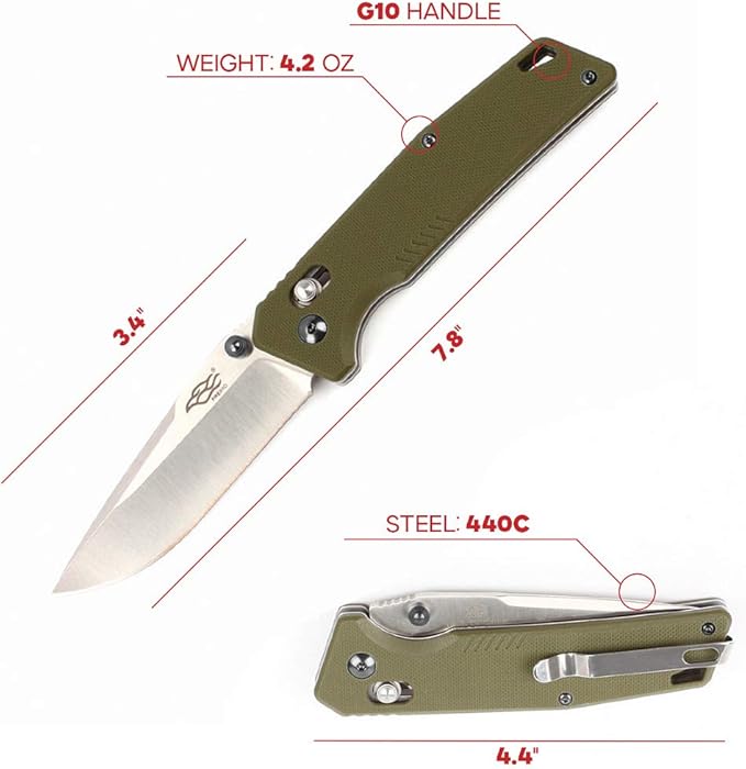 Firebird GANZO F7601 Pocket Folding Knife 440C Stainless Steel Blade G-10 Anti-Slip Handle with Clip Hunting Gear Fishing Camping Folder Outdoor EDC Knife (Grey)