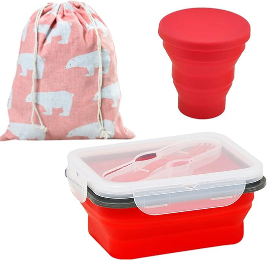 Mess Kit for Camping 1 Person Food Grade Collapsible Bowl and Cup with Lids and Spork, Includes Bear Luch Bag Backpacking Gear for Outdoor Camping, Hiking, Travel, Toddler Snacks