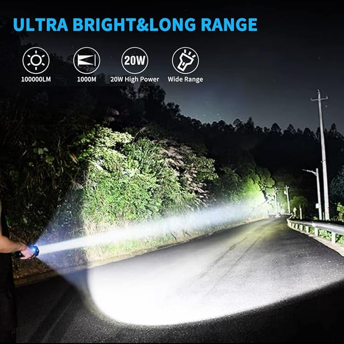 Flashlight High Lumens Rechargeable, Super Bright 100000 Lumen Xhp70.2 FlashLights, LED High Power Tactical Brightest Waterproof FlashLights, Handheld Emergency Flashlights for Camping Hiking