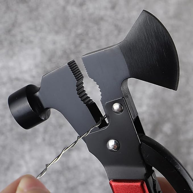 16-IN-1 Camping Multitool (Red) Axe Hammer Survival Gear with Knife, Pliers, Saw, Fish Descaler, Screwdriver, Bottle Can Opener and Nylon Sheath, Good for Outdoor, Camping and Hiking