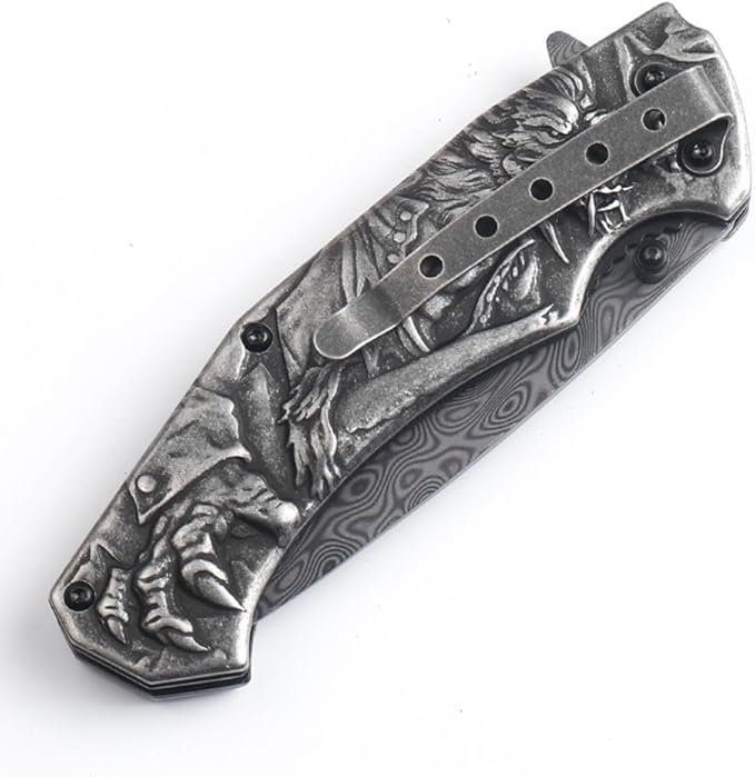 3D embossed folding knife, outdoor knife for camping, barbecue, fishing, cutting (Werewolf)