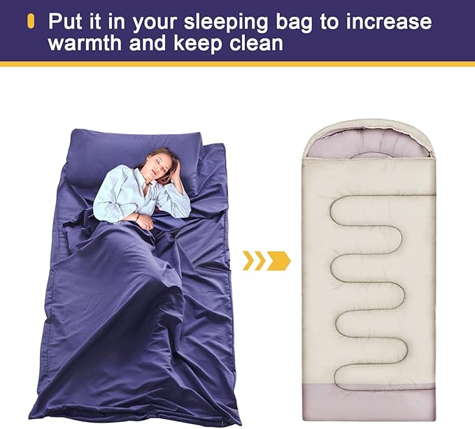 KOMUSMO Sleeping Bag Liner with Zipper, Ultralight Travel Sheets for Adults, Portable Sleep Sack Camping Sheet, Ideal for Traveling, Hiking, Tenting, Hotel and Camping