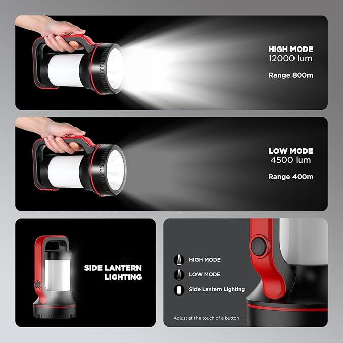 Rechargeable Spotlight Super Bright 12000 Lumen LED Flashlight Handheld Spotlight 10000mAh Long Lasting Large Flashlight Searchlight for Camping Outdoor Hunting Emergency as Gift