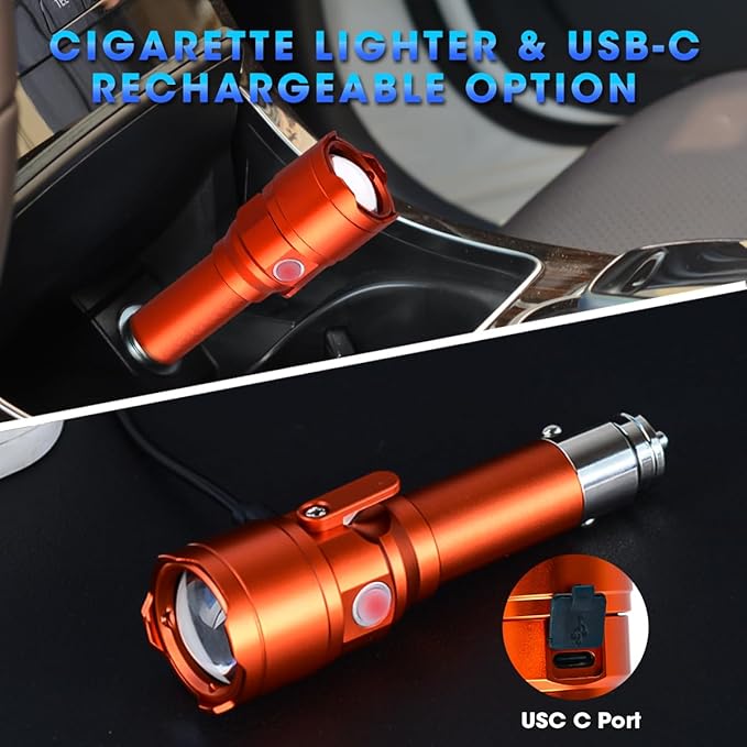 Small RGBW Flashlight Rechargeable with 12 Volt Car Cigarette Lighter & USB C for Auto Vehicles Emergency, Car Escape, Outdoors, Daily Use