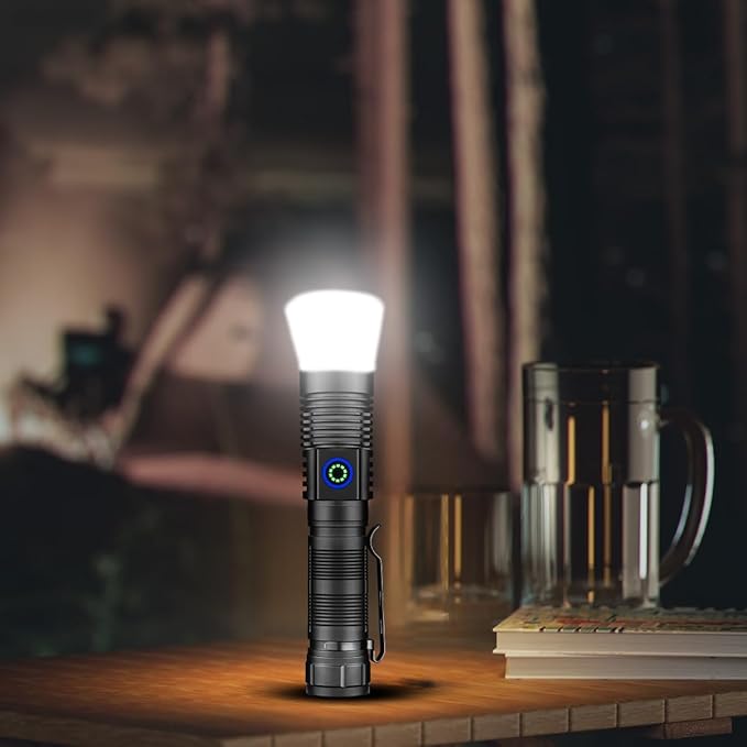 NAKCNM Magnetic Flashlight LED Rechargeable Flashlights High Lumens, 25000lm 4 Modes with Clip&Diffuser, Waterproof Super Bright Flashlights for Home Emergency Camping, Dimmable (Black+Silver)