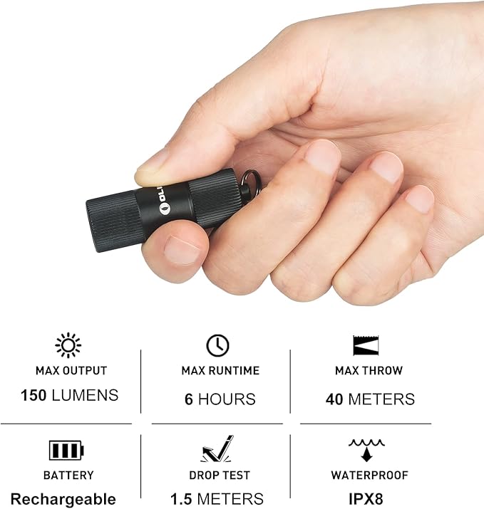 OLIGHT i1R 2 EOS 150 Lumens Tiny Rechargeable Keychain Flashlight EDC Mini LED Keyring Light with Built-in Battery for Camping Hiking Dog Walking etc (Black)