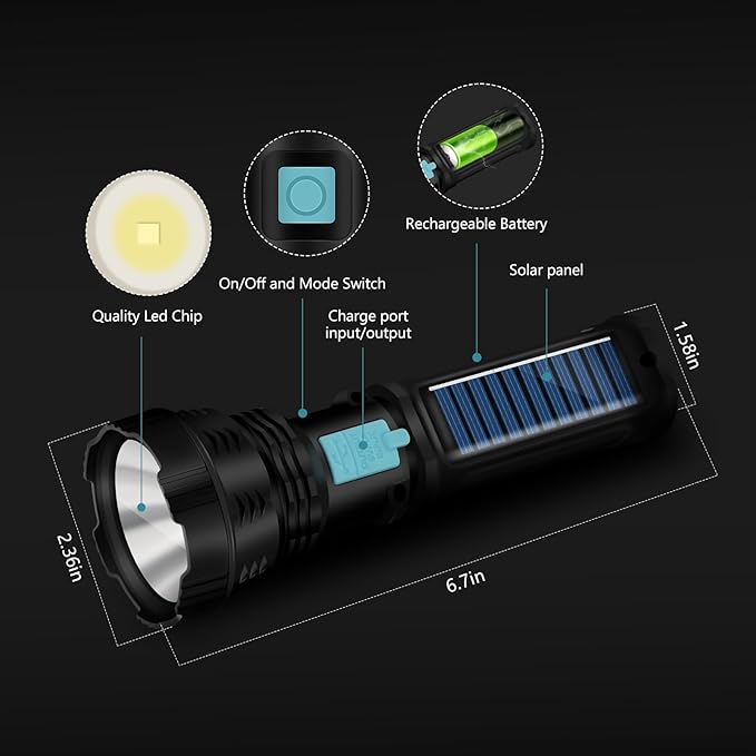 Led Solar Flashlight, 1500 Lumens Led Solar Handheld Rechargeable Flashlights with IP65 Waterproof, 2000mAh Battery for Survival Emergencies Camping (1 Pack)