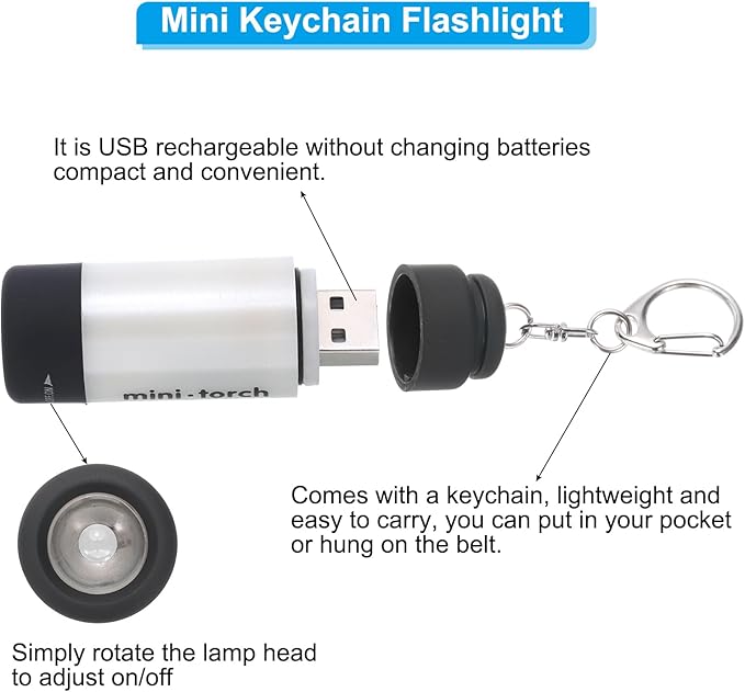 PATIKIL Mini Keychain Flashlight, Pocket LED Flashlight Portable Torch USB Rechargeable for Outdoor Camping Party, White