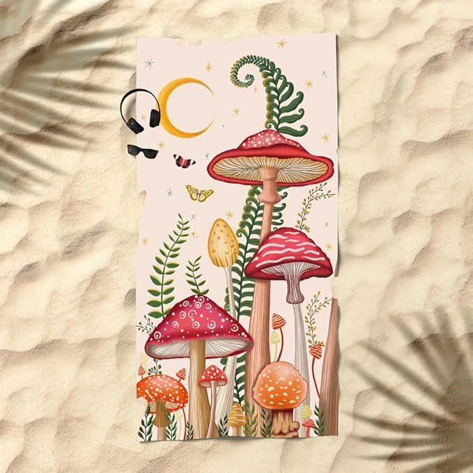 Microfiber Oversized Lightweight Terry Mushroom Beach Towel 71"x31.5" XL Extra Large Thick Sand Free Towels Travel Swim Pool Yoga Gym Camping for Women Men Beach Essentials Accessories Vacation Gift