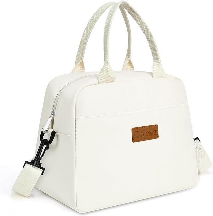LOKASS Lunch Bag for Women-Insulated Adults Lunch Box with Front Pocket- Small Cute Lunch Tote for Work-Reusable Cooler Bag for Office Picnic Beach or Travel(White)