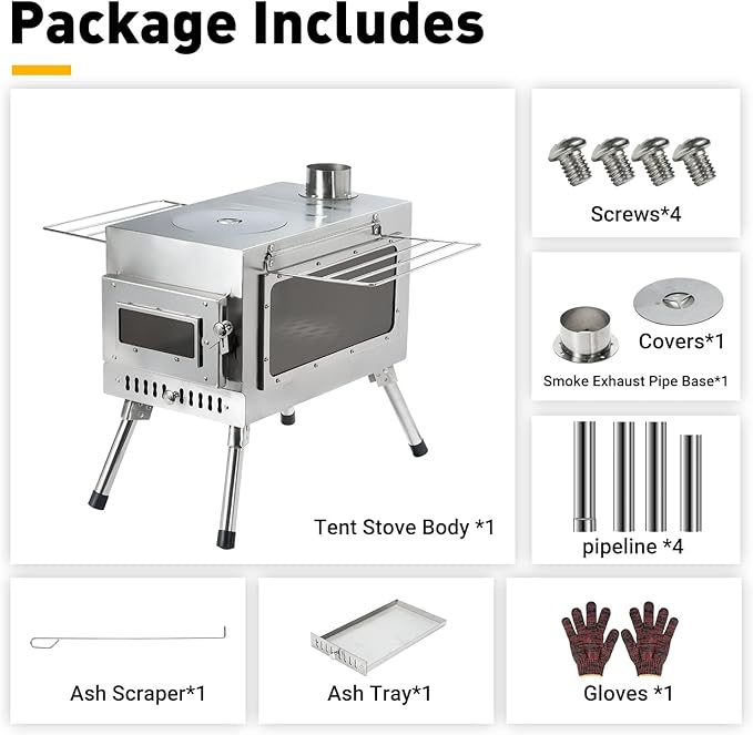 Outdoor Camping Stove Camp Tent Stove, Portable Wood Burning Stove with Chimney Pipe for Tent, Shelter, Camping Heating and Cooking (Pipe Diameter: 2.95")