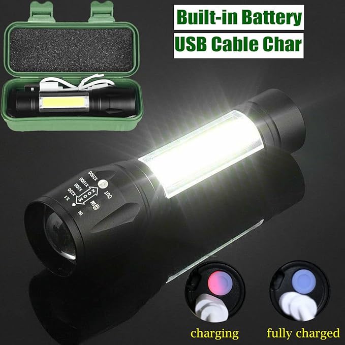 Led Flashlight Rechargeable USB Torch Mini Small Light Super Bright Handheld Tiny Portable Pocket Flash Light with COB Side Searchlight High Lumens Zoomable Emergency Camping Accessories 2 Pack