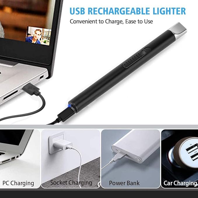 2 Pack Electric Lighter, Candle Lighter, Windproof USB Rechargeable Electronic Plasma Arc Lighter, Longer Lighter for Candle, Camping, BBQ, Grill, Fireplace (Silver&Black)