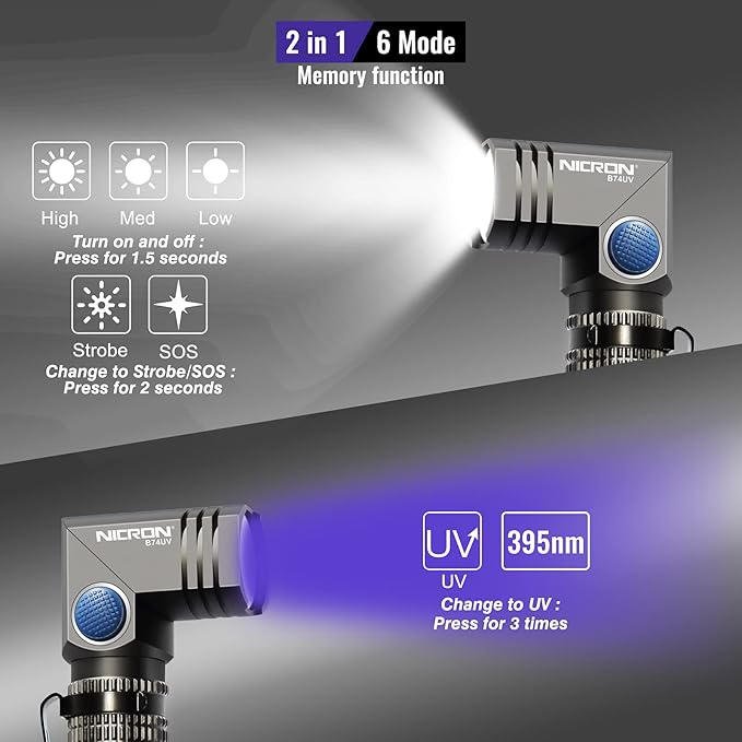 NICRON UV LED Flashlight Rechargeable 90 Degree Mini Flashlight 700 Lumen, 395nm Ultraviolet, 5 Modes and Memory Function for Camping, Outdoor, Hiking B74UV