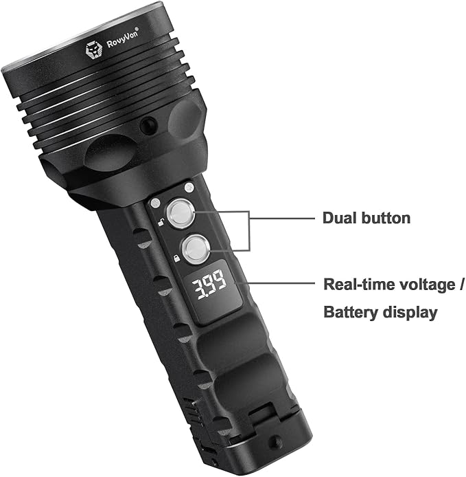 RovyVon S2i Rechargeable Flashlight, 5000 Lumens Super Bright LED Flashlight, 500 Meters Long Throw Search Flashlight with Digital Power Display, for Outdoors, Searching, Camping