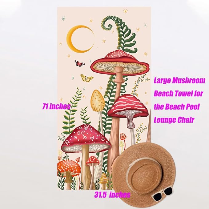 Microfiber Oversized Lightweight Terry Mushroom Beach Towel 71"x31.5" XL Extra Large Thick Sand Free Towels Travel Swim Pool Yoga Gym Camping for Women Men Beach Essentials Accessories Vacation Gift